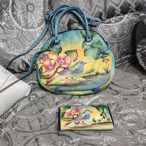 Anuschka Turquoise Genuine Handpainted Leather Bird Purse And Wallet